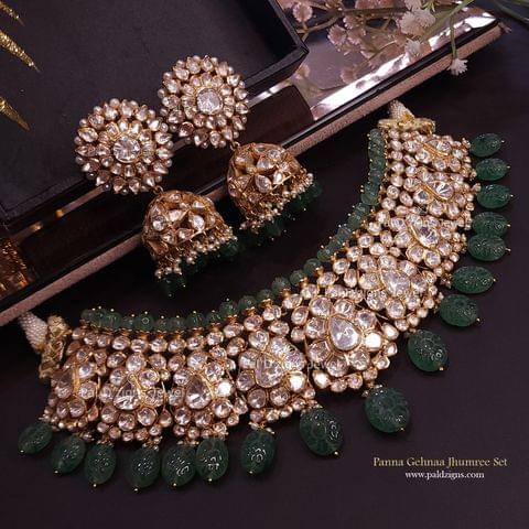 Panna Gehnaa Jhumree Choker Set in Moissanite Polki Panna Gehnaa Jhumree Choker Set in Moissanite Polki