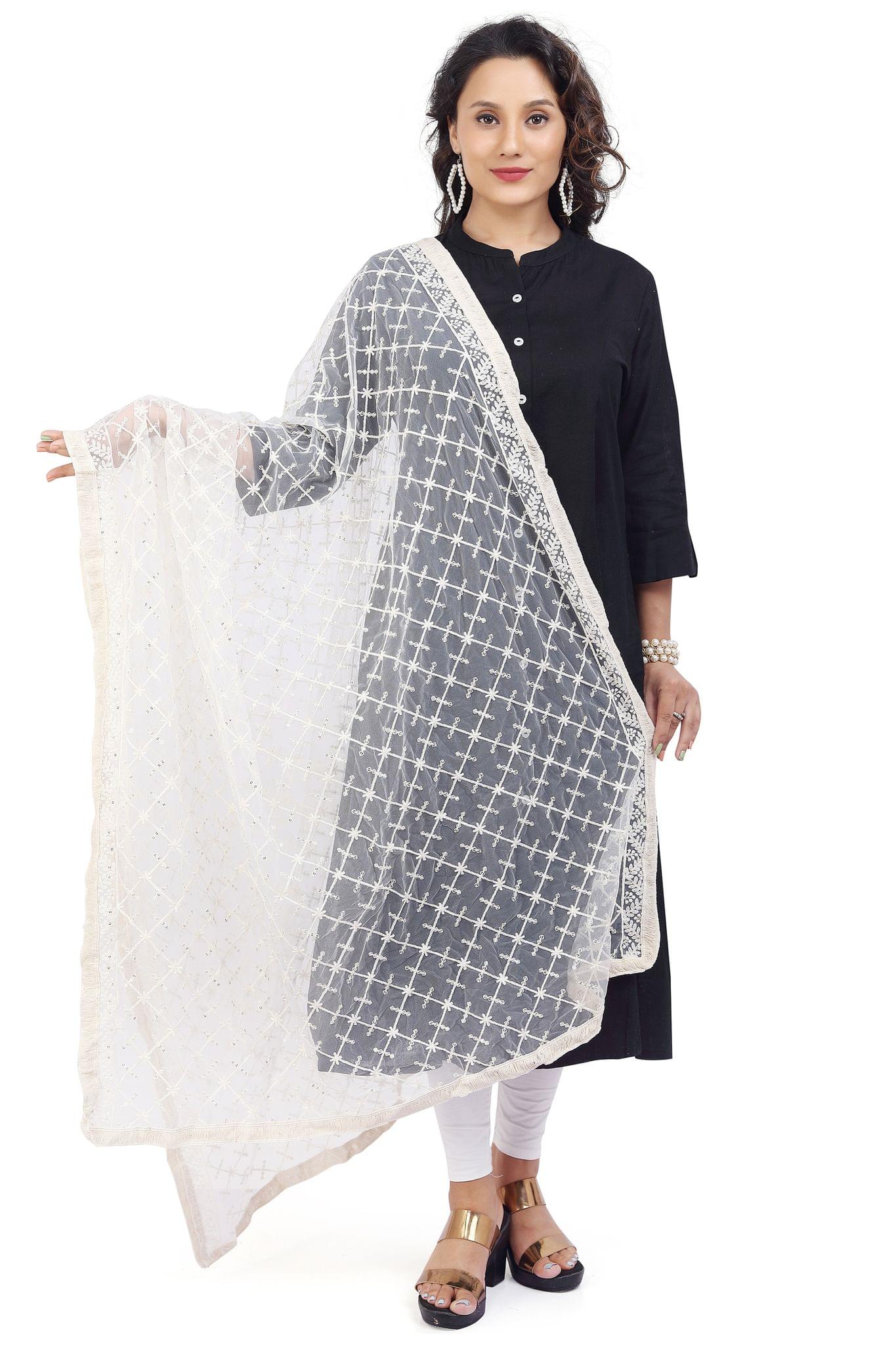 Women's Off White Embroidered Net Dupatta