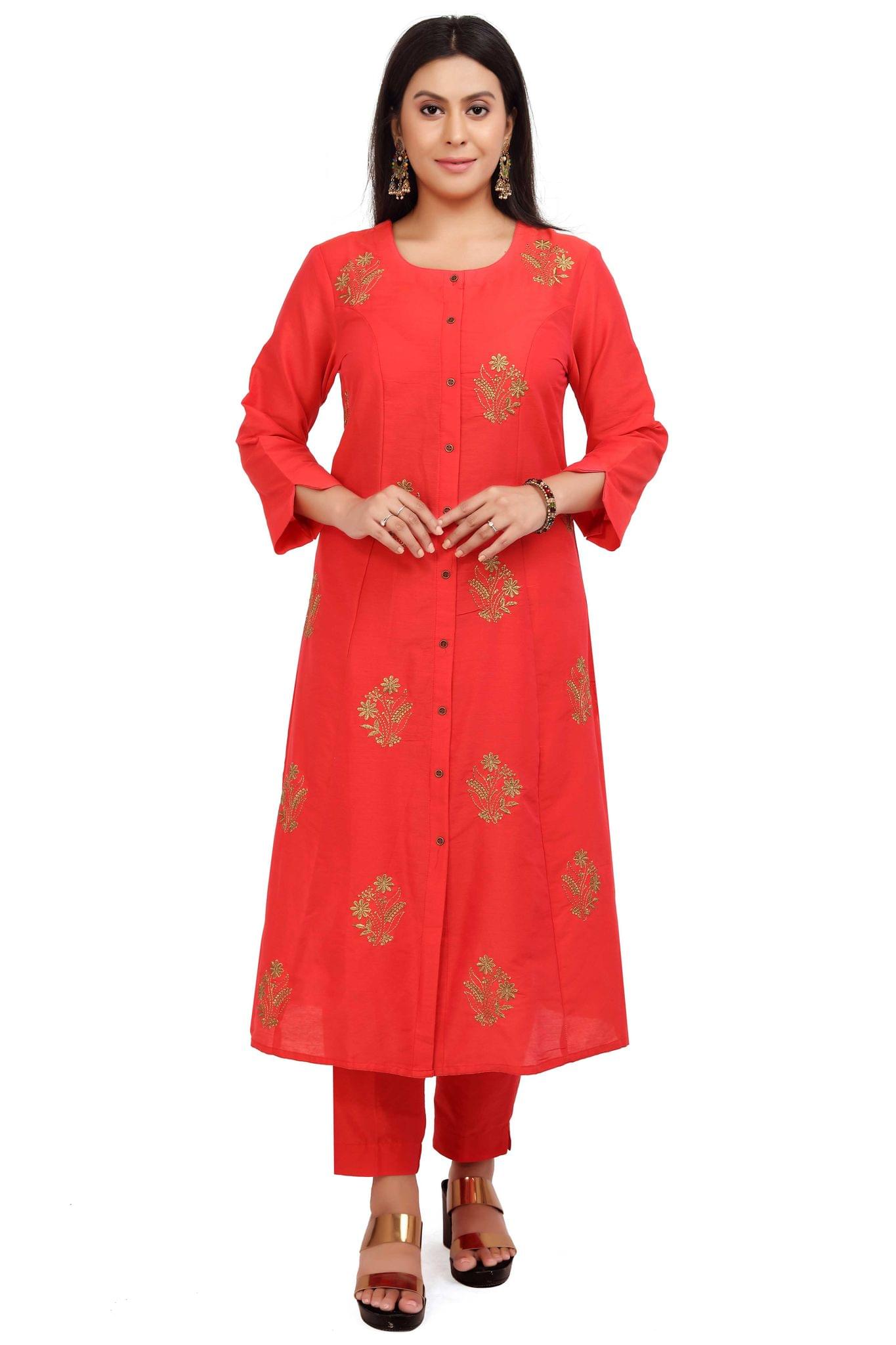 Parvaiz Red Poly Silk Cotton Kurta with Pant Set