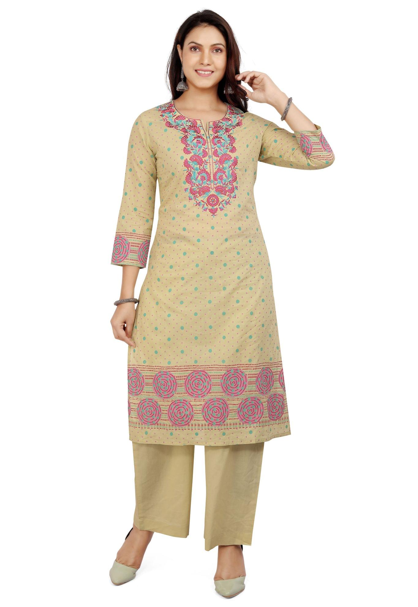 Wajiha Pista Green Cotton Printed & Embroidery Kurta with Palazzo Set