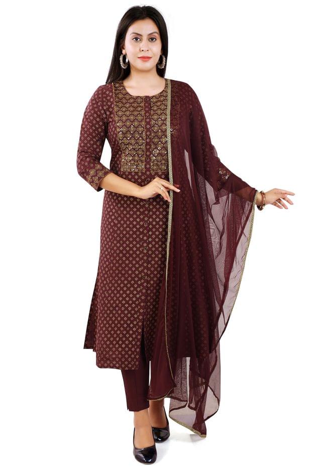 Andi Maroon Embroidered Poly Silk Cotton Suit Set