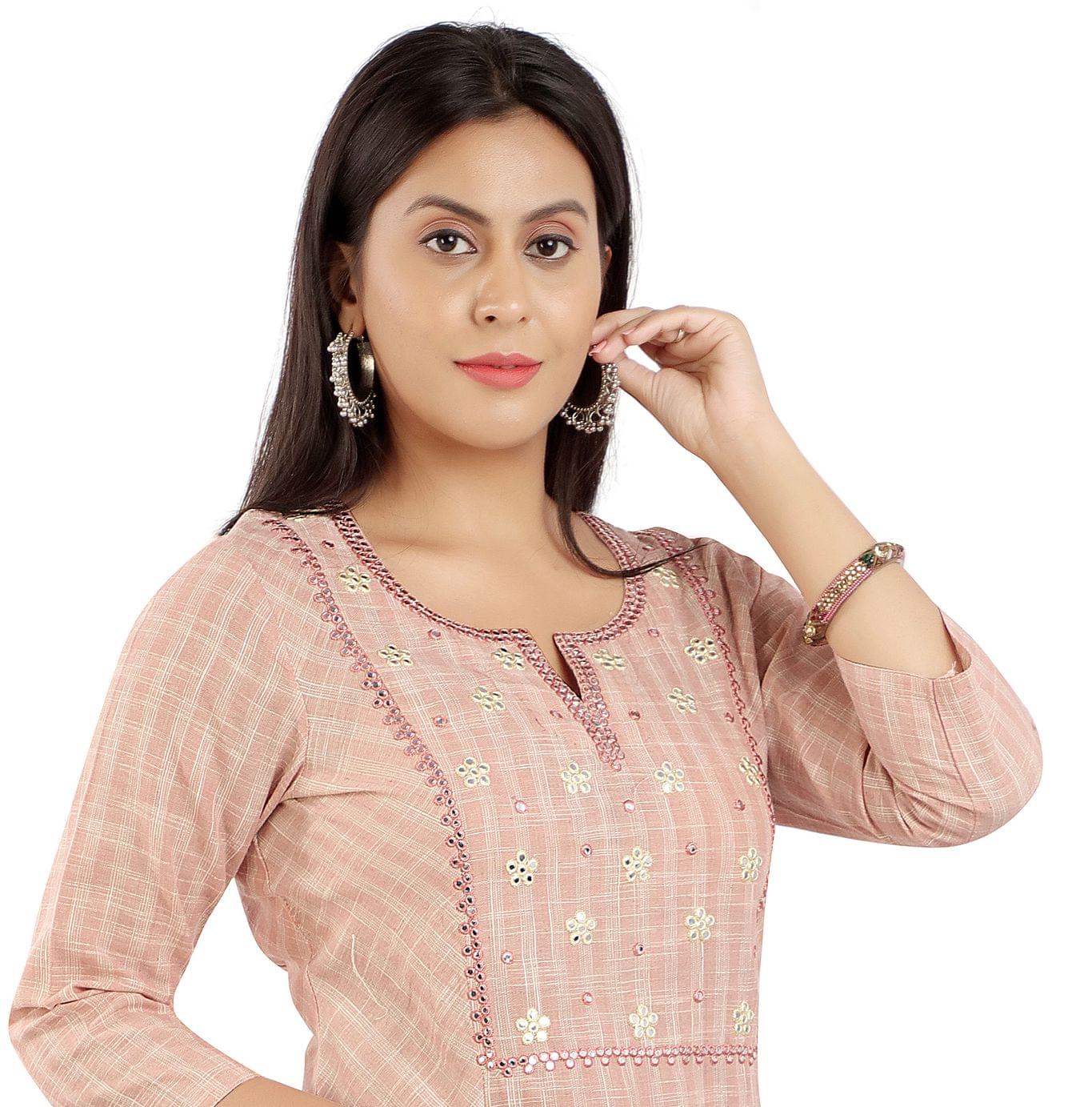 Bhanumati Peach Cotton Embroidery A-Line Kurtis