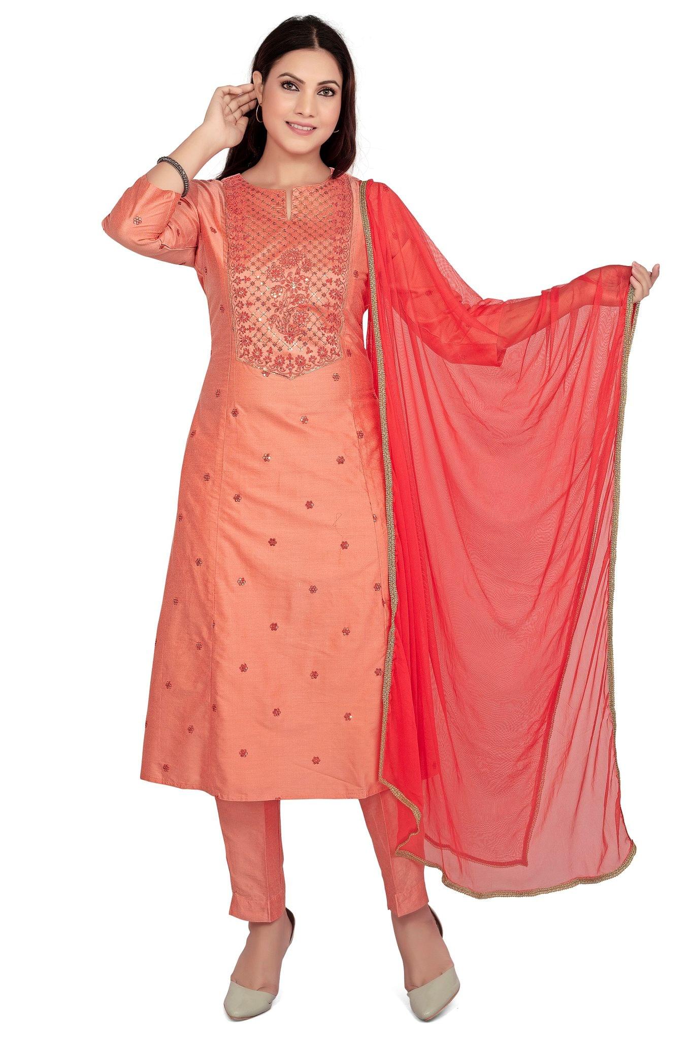 Mushira Peach Cotton Silk Embroidery Straight Suit Sets