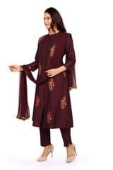Puspa Purple Embroidered Cotton Silk A-Line Suit Set