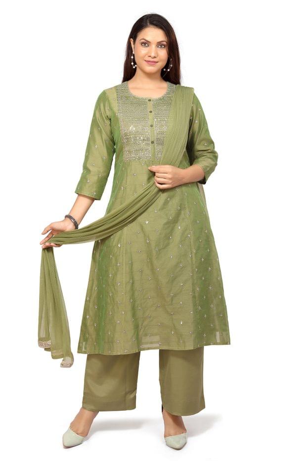 Samrita Mehendi & Green Chanderi Embroidered Suit Set