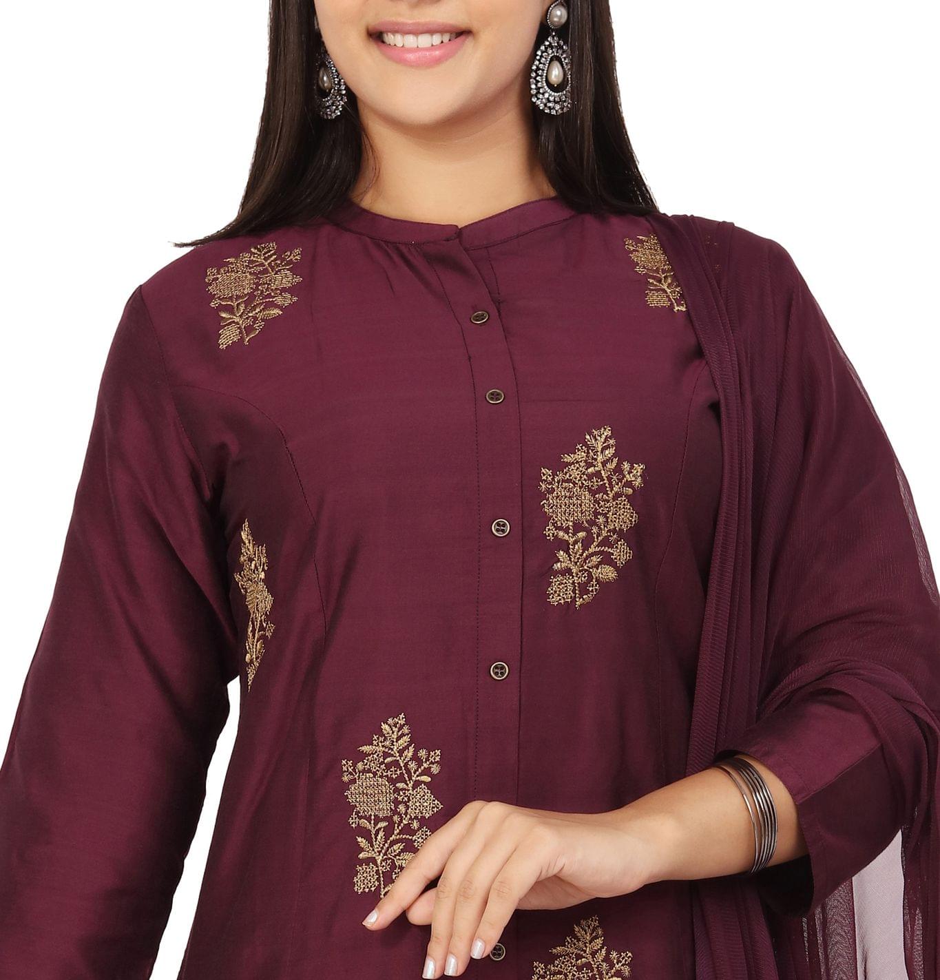 Larisa Purple Cotton Silk Embroidered A-Line Suit Set