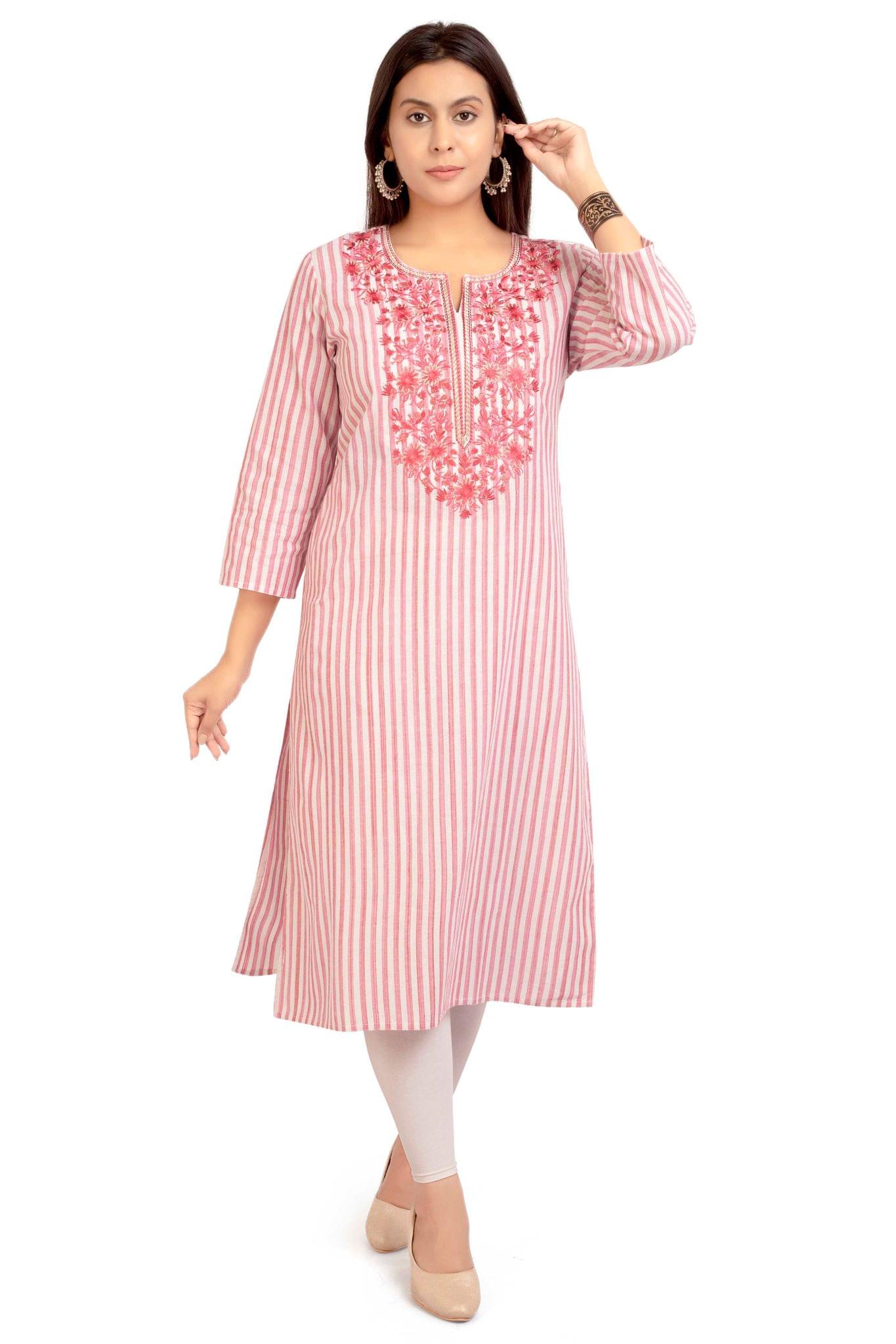 Shamedha Pink Cotton Embroidery A Line Kurta