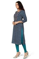 Aaisha Blue Cotton Printed & Emb A Line Kurta