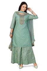 Iffat Pista Green Chanderi Cotton Embroidered A-Line Suit Set
