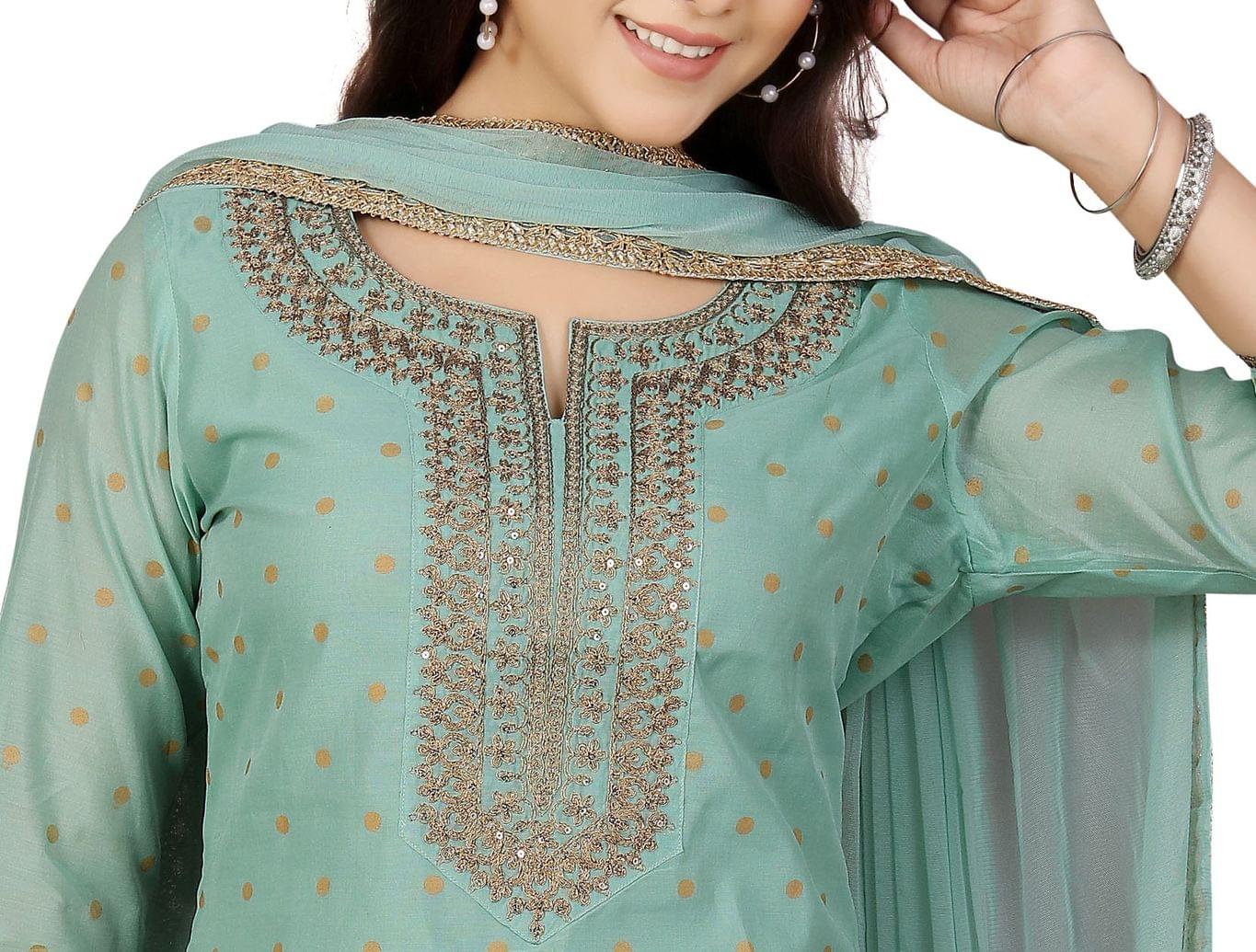 Iffat Pista Green Chanderi Cotton Embroidered A-Line Suit Set