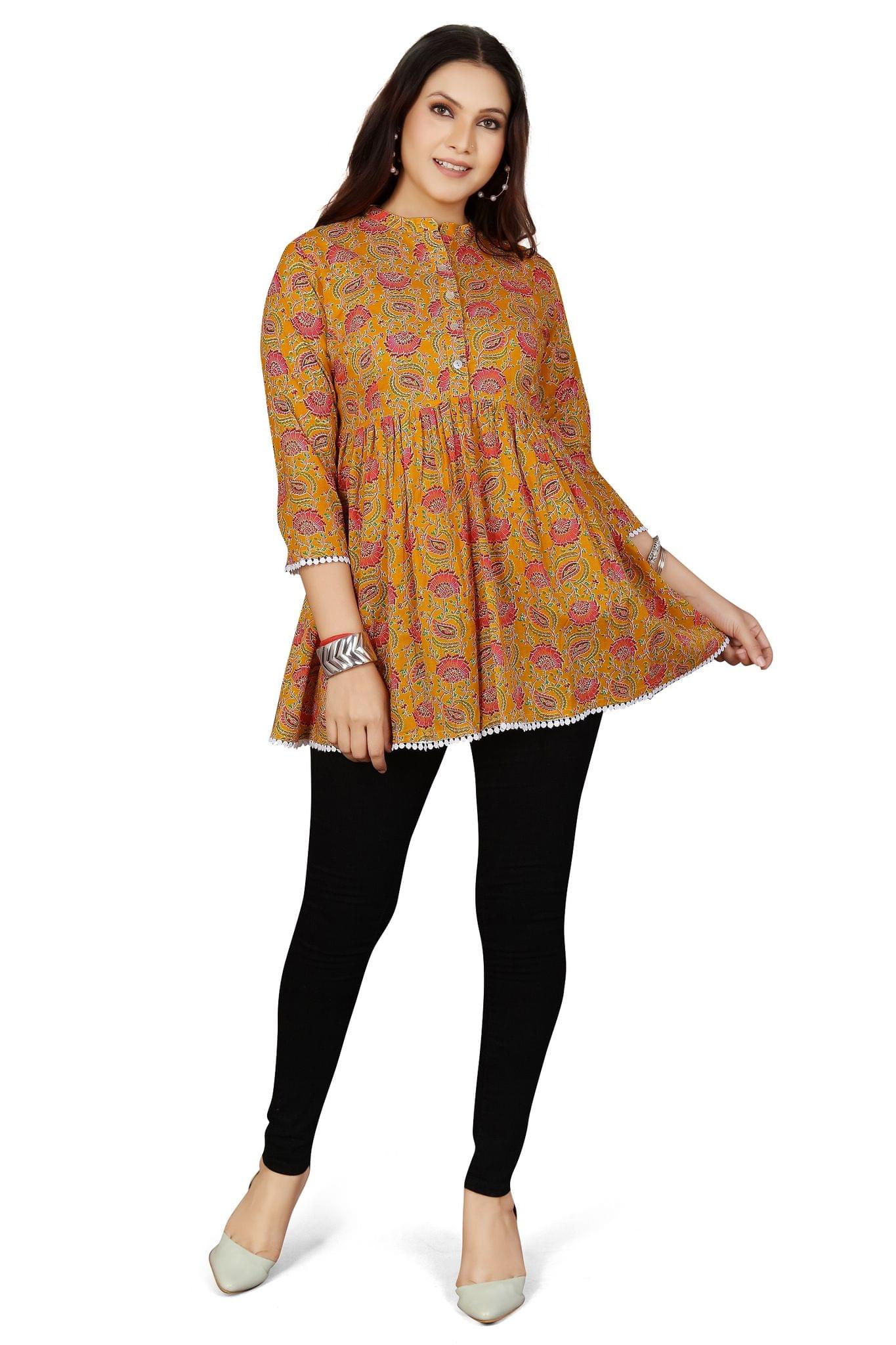 Quinn Mustard Cotton Printed Short Kurtis