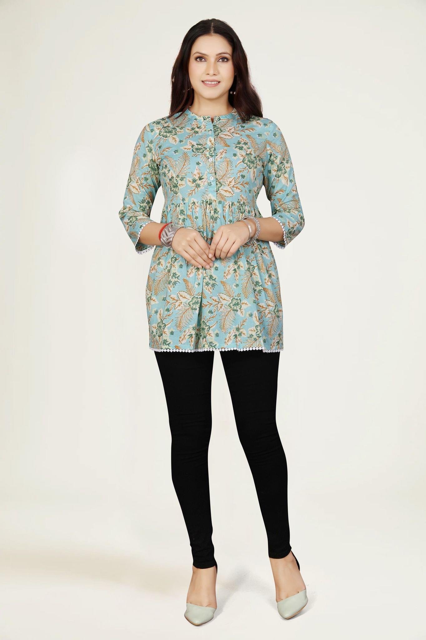Quinn Sky Blue Cotton Printed Short Kurtis