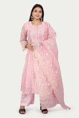Hadiya Baby Pink Chanderi Printed & Emb  A-Line Suit Set