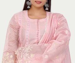 Hadiya Baby Pink Chanderi Printed & Emb  A-Line Suit Set