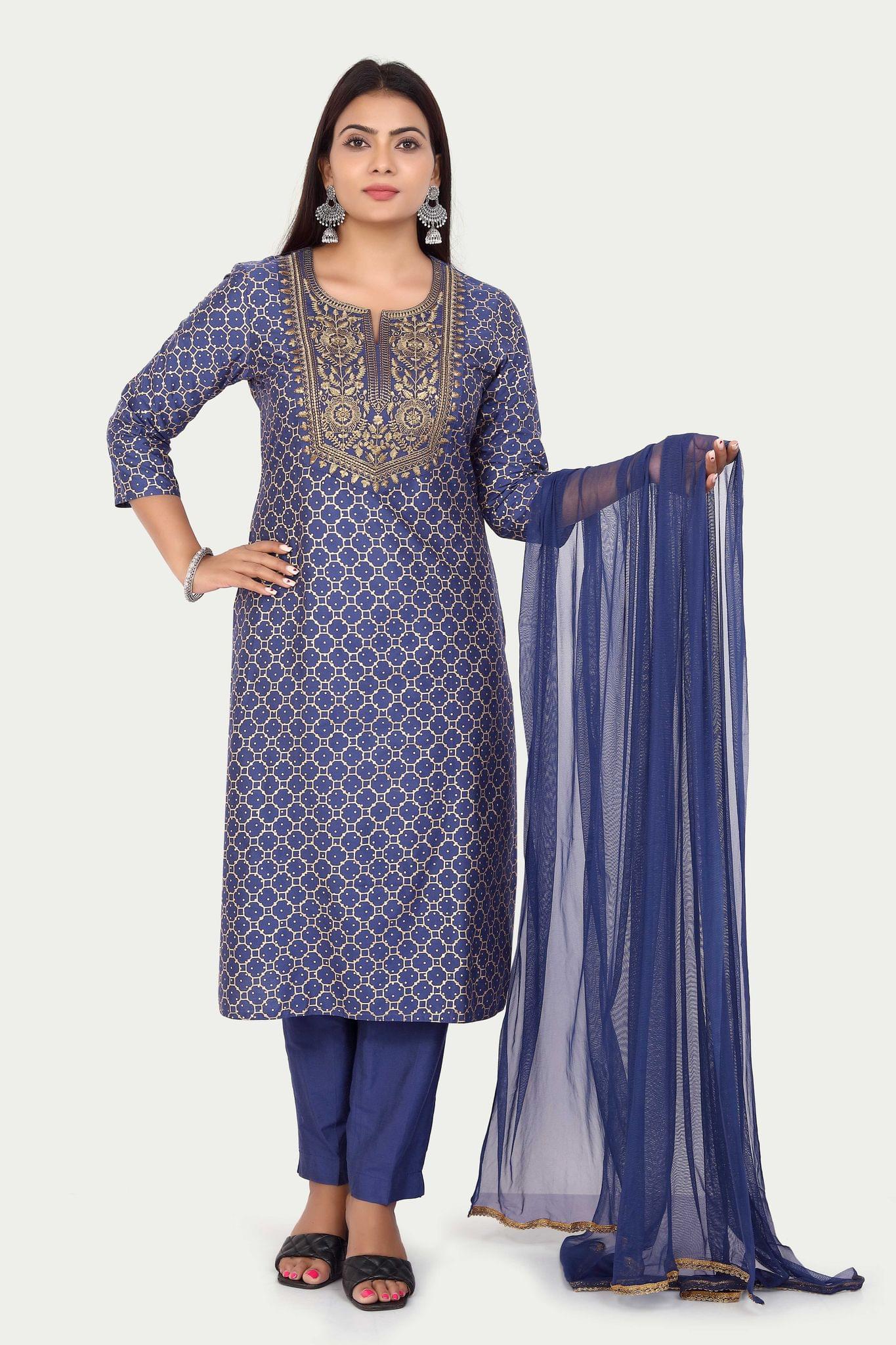 Sudiksha Blue Cotton Silk Embroidered Suit Set