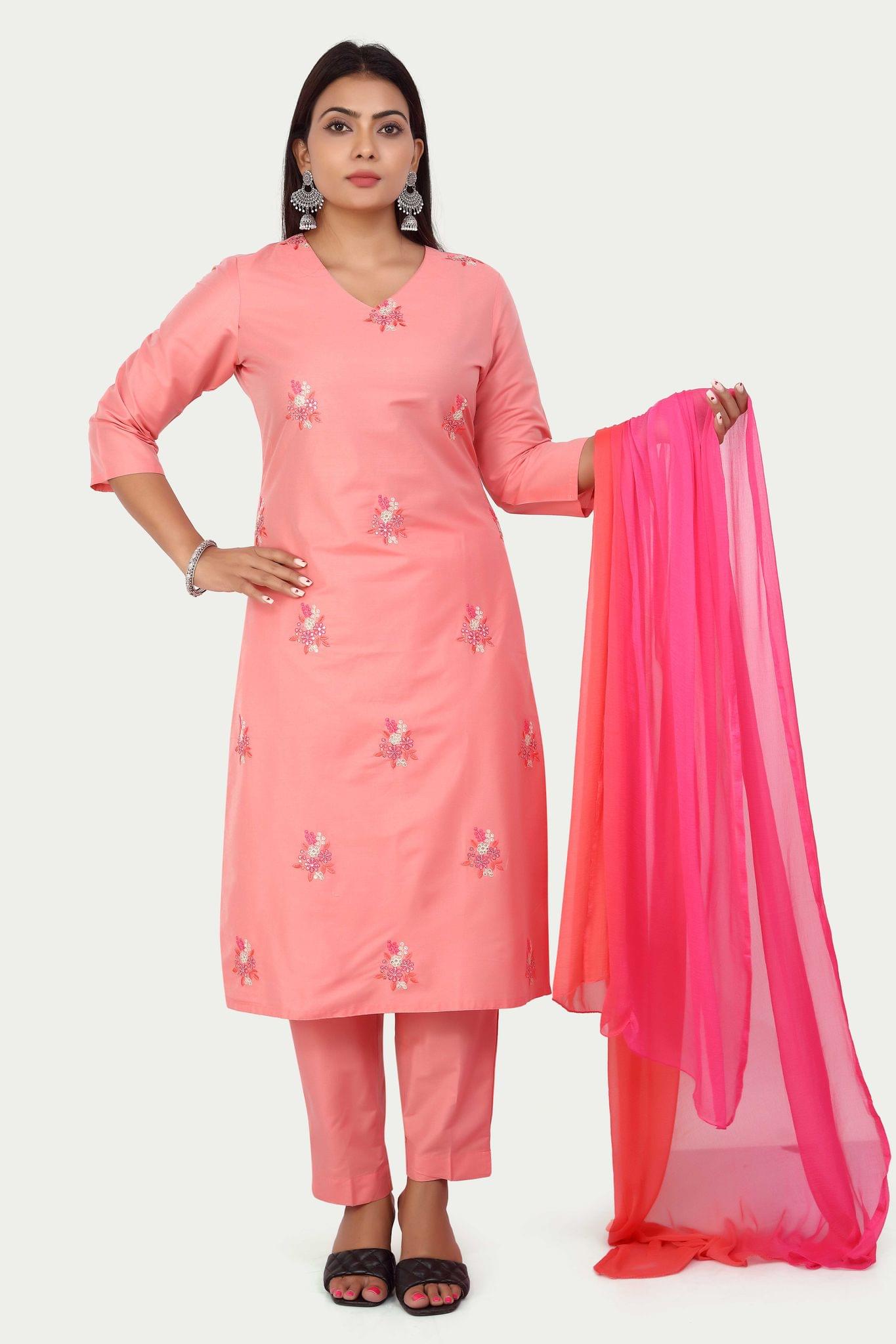 Maha Peach Poly Silk Embroidered Suit Sets