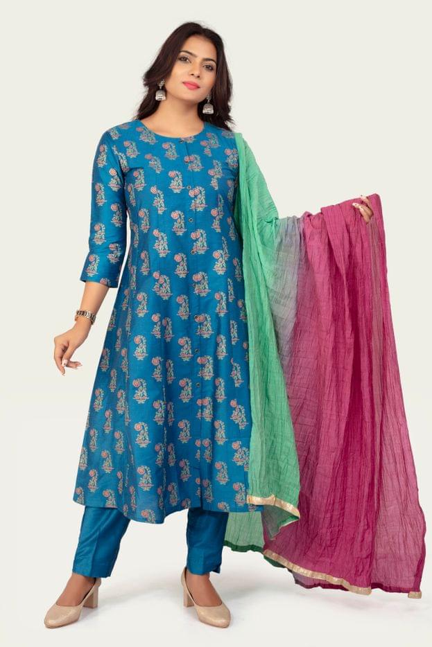 Jamila Blue Cotton Silk Suit Sets