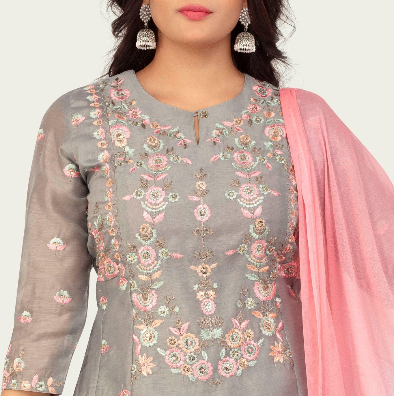 Ashiya Gray Chanderi Cotton Embroidered Suit Set
