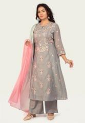 Ashiya Gray Chanderi Cotton Embroidered Suit Set