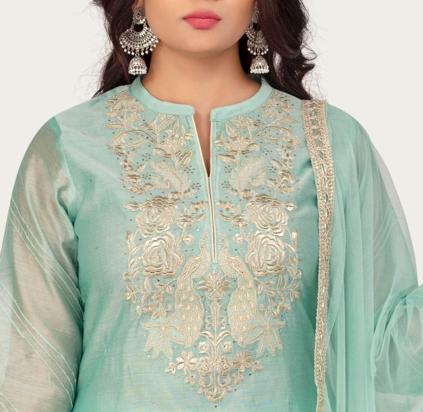 Archisha Sky Blue Chanderi Cotton Embroidered Suit Set