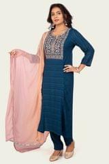 Rishu Royal Blue Cotton Embroidered Suit Set