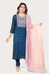 Rishu Royal Blue Cotton Embroidered Suit Set