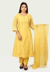 Hadiya Yellow Chanderi Printed & Emb  A-Line Suit Set