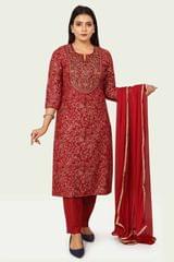 Aakriti Maroon Cotton Silk Embroidered Suit Sets