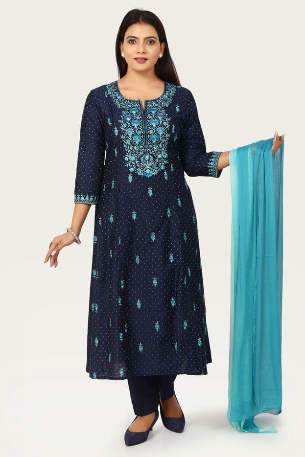 Akshiti Navy Blue Embroidered Cotton Silk A-Line Suit Set