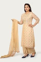 Yoshita Beige Chanderi Cotton Embroidered Suit Set