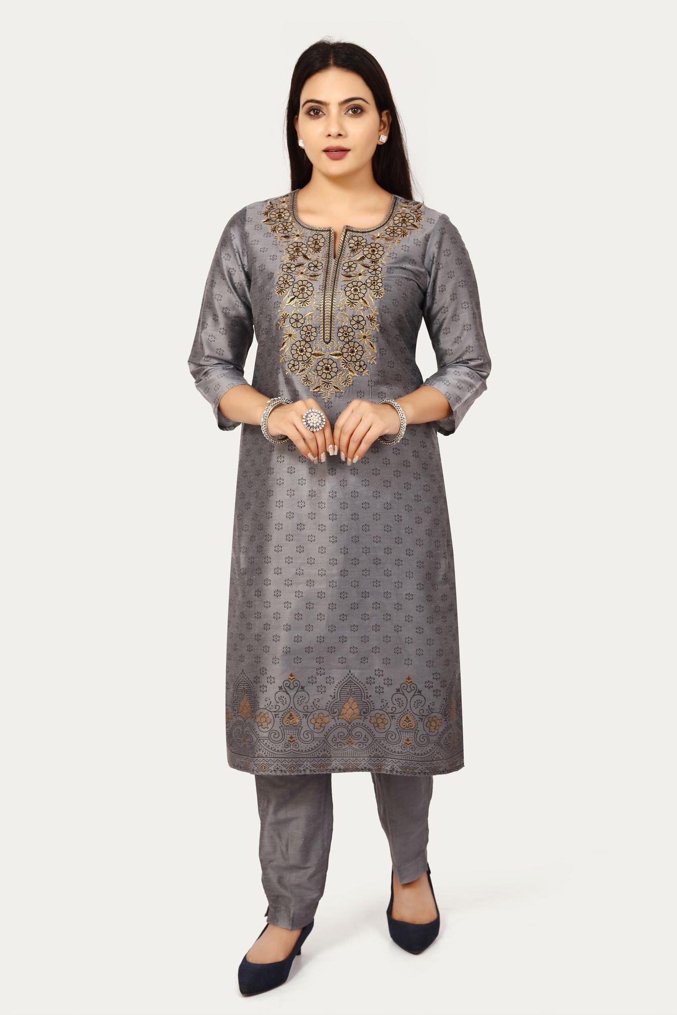 Ganishka Gray Cotton Silk Kurta With Pant Set