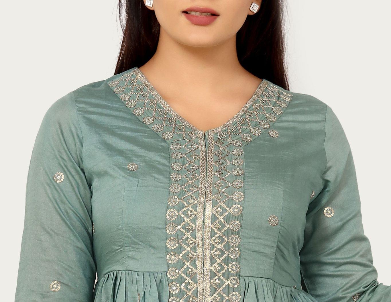 Nilika Light Green Cotton Silk Embroidered Sharara Set