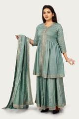 Nilika Light Green Cotton Silk Embroidered Sharara Set