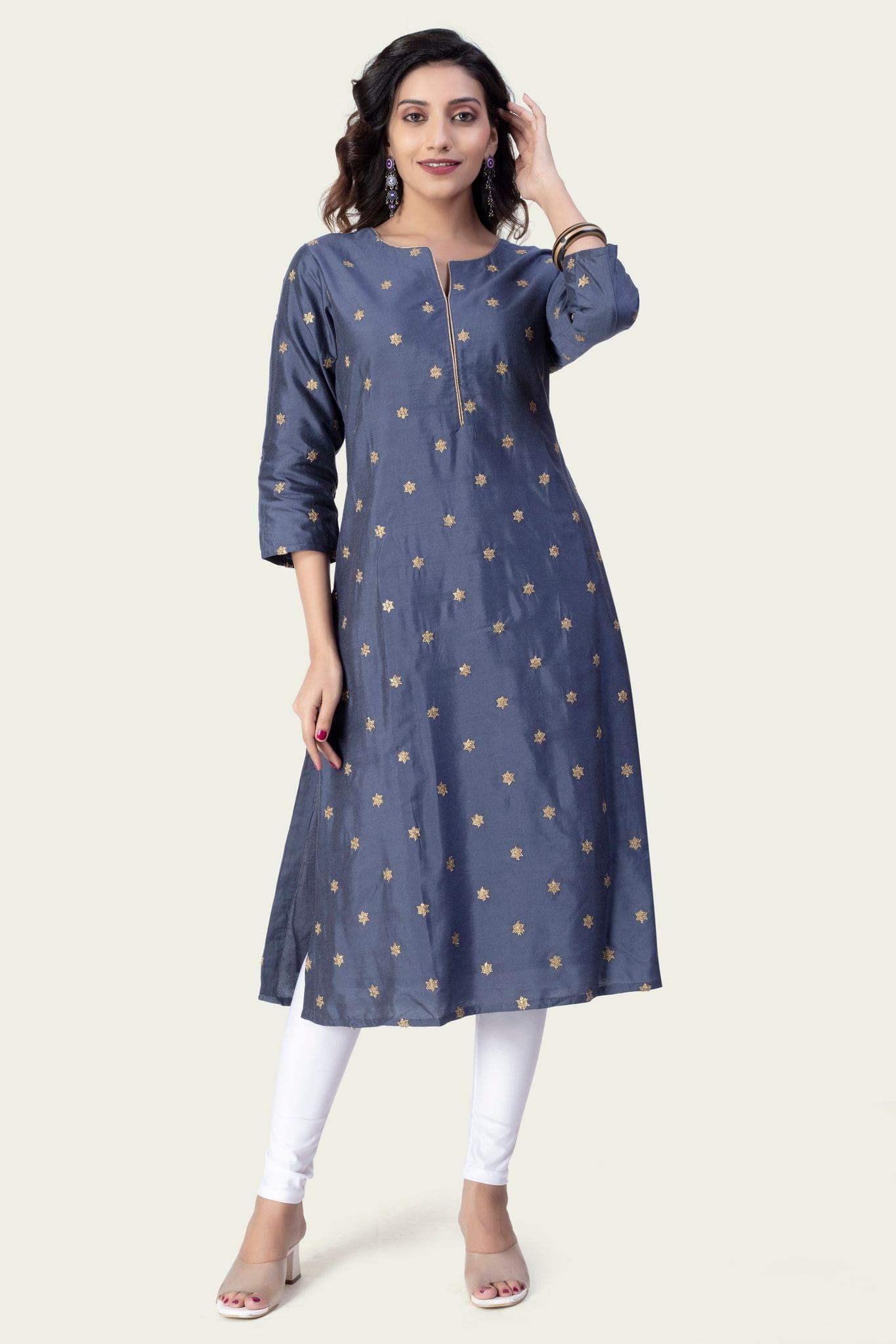 Aaniha Dark Gray Cotton Silk Embroidered A-Line Kurta