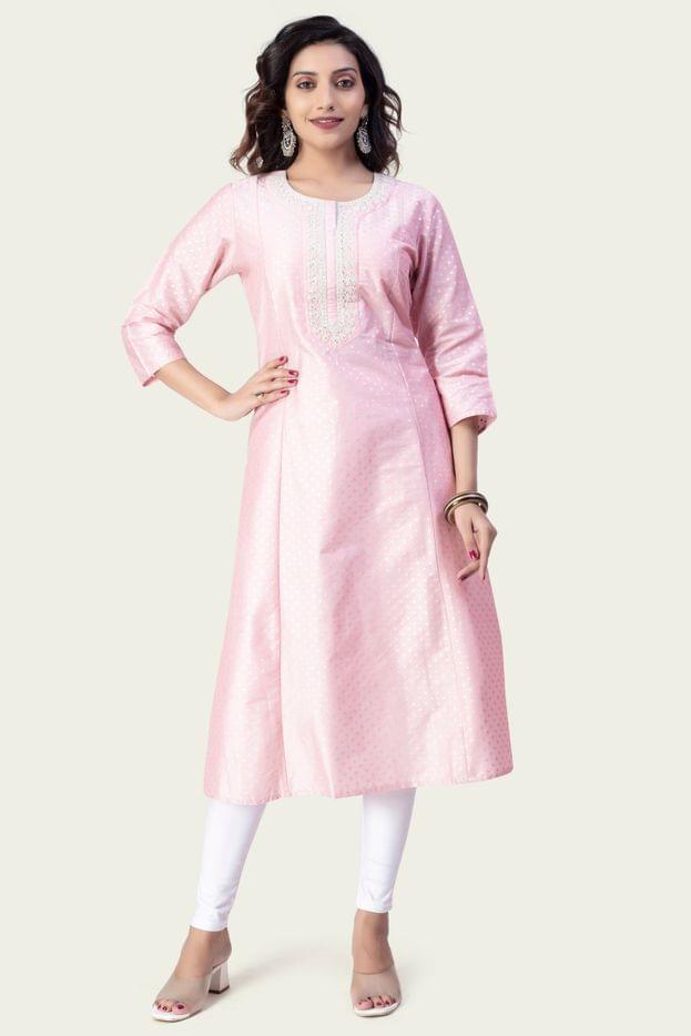 Sabiya Baby Pink Cotton Silk Embroidered A-Line Kurta