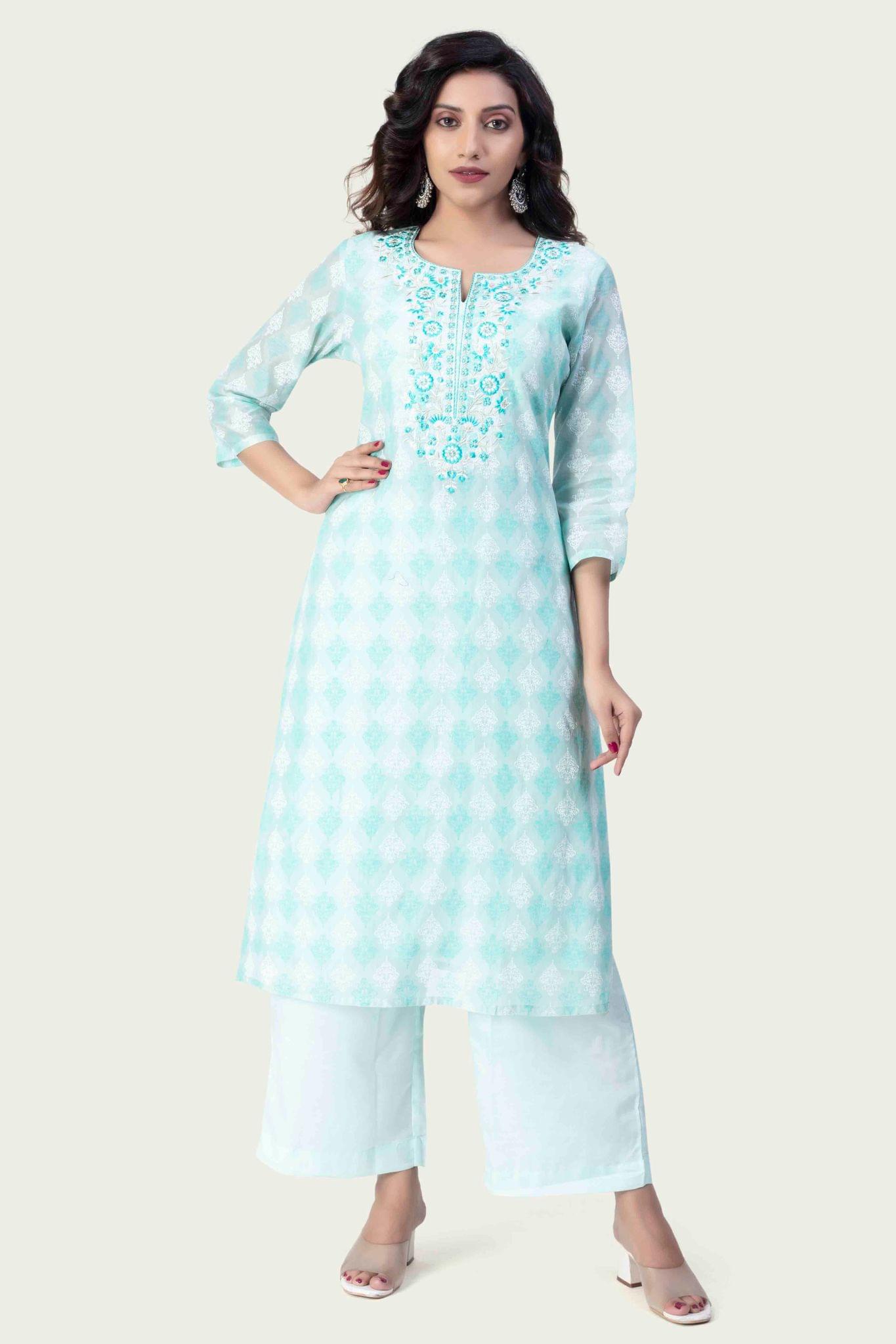 Shirina Sky Blue Cotton Kurta With Pant Set