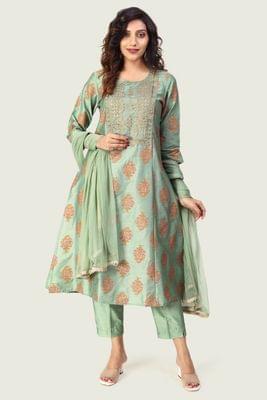 Stella Parrot Green Cotton Silk Embroidered Suit Set