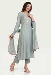 Navi Pista Green Rayon Embroidered Suit Set