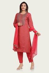 Sireli Pink Cotton Printed & Embroidered Suit Set