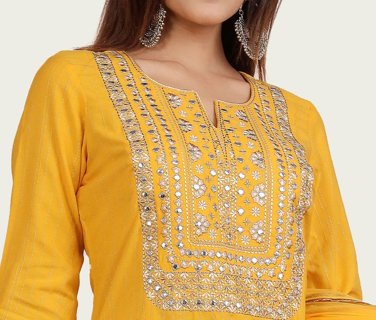 Bhavini Yellow Cotton Embroidered Suit Set