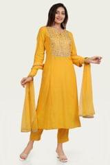 Bhavini Yellow Cotton Embroidered Suit Set