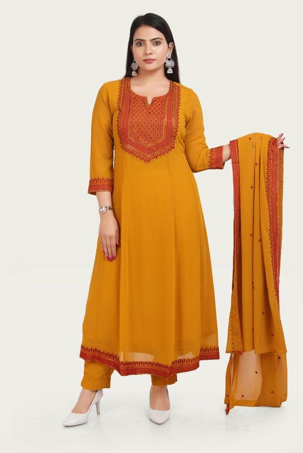 Aminah Mustard Embroidered Georgette Suit Sets