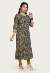 Tooba Green & Mustard Jaipuri Cotton Printed A Line Kurta