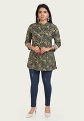 Tooba Green & Mustard Jaipuri Cotton Printed Short Kurtis