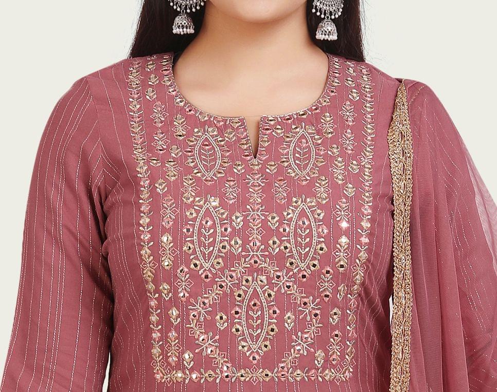 Plumeria Peach Rayon Cotton Embroidered Suit Sets
