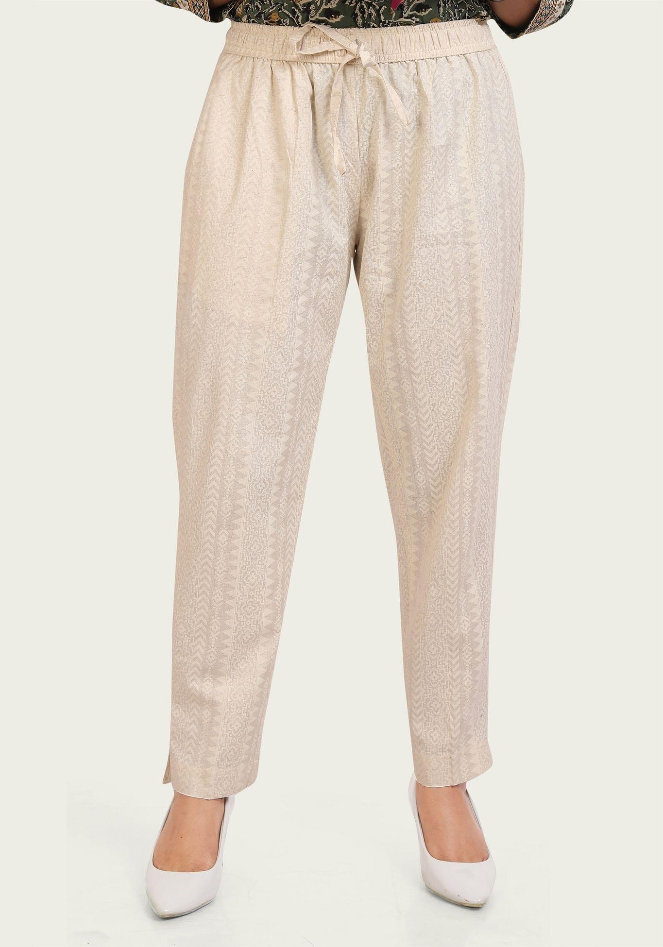 Cream Regular Fit Printed Trousers Pant