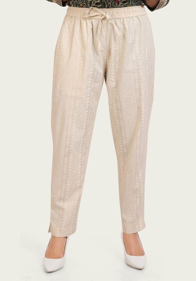 Women Cream Regular Fit Printed Trousers Pant