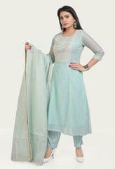 Atfah Sky Blue Chanderi Cotton Embroidered Suit Set