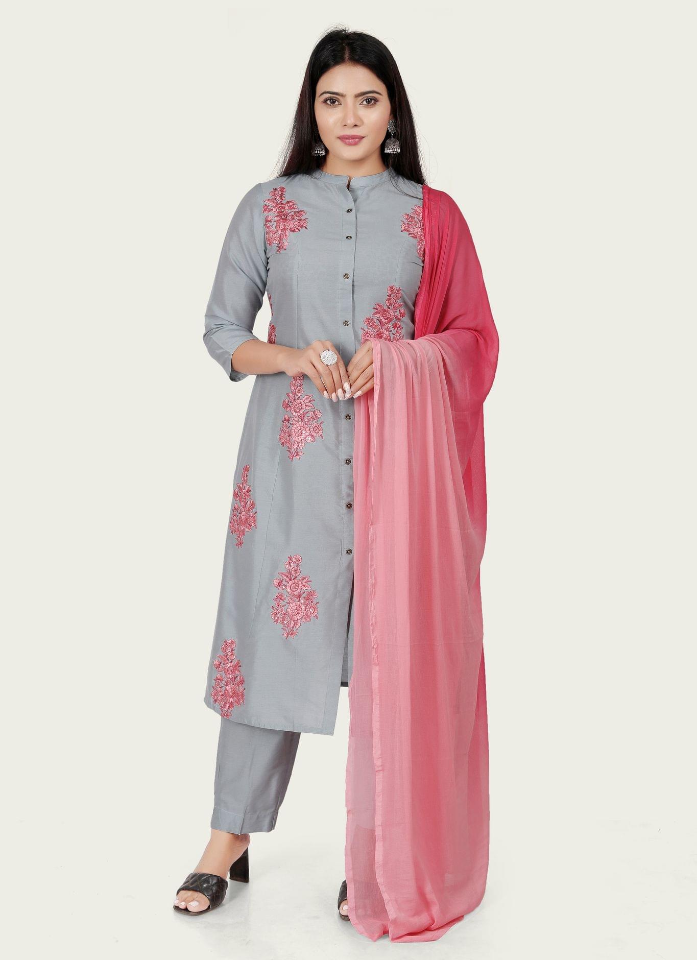 Emery Gray Cotton Silk Embroidered Suit Set