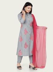 Emery Gray Cotton Silk Embroidered Suit Set